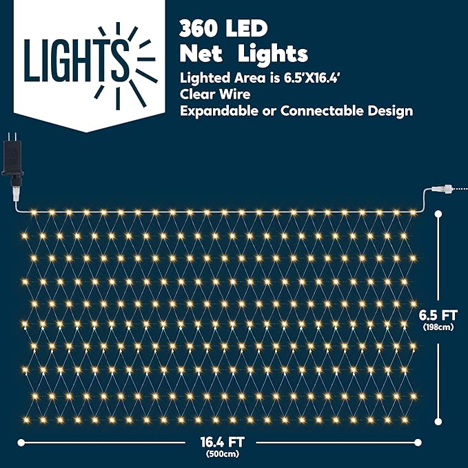 JOYIN 360 LED Christmas Net Lights, 6.5X 16.4FT Christmas Mesh Lights with 8 Modes, Connectable, Waterproof for Bushes Trees Yard Indoor Outdoor Xmas Decorations (Warm White)