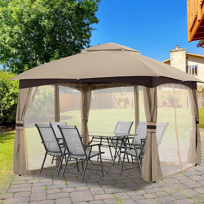 MASTERCANOPY Outdoor Patio Gazebo for Garden with Upgrade Steel Frame and Netting Walls (10x10, Khaki)