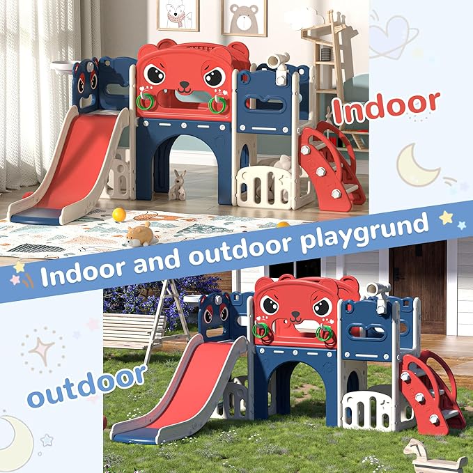 9-in-1 Toddler Slide and Climber Playset Freestanding Indoor Outdoor Kids Slide for Age 1-8, Backyard Playground with Basketball Hoop,Telescope,Storage Space