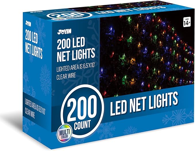 JOYIN 200 LED Christmas Net Lights, 6.5X 10FT Christmas Mesh Lights with 8 Modes, Connectable, Waterproof for Bushes Trees Yard Indoor Outdoor Xmas Decorations (Multicolor)