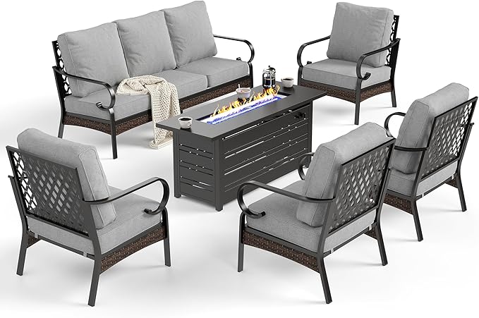 6 Piece Black Metal Outdoor Patio Furniture Sets with Firepit Table, Patio Conversation Sets 1 3-Seater Sofa, 4 Single Sofa with 5.75" Cushion Backyard Furniture for Deck, Light Gray