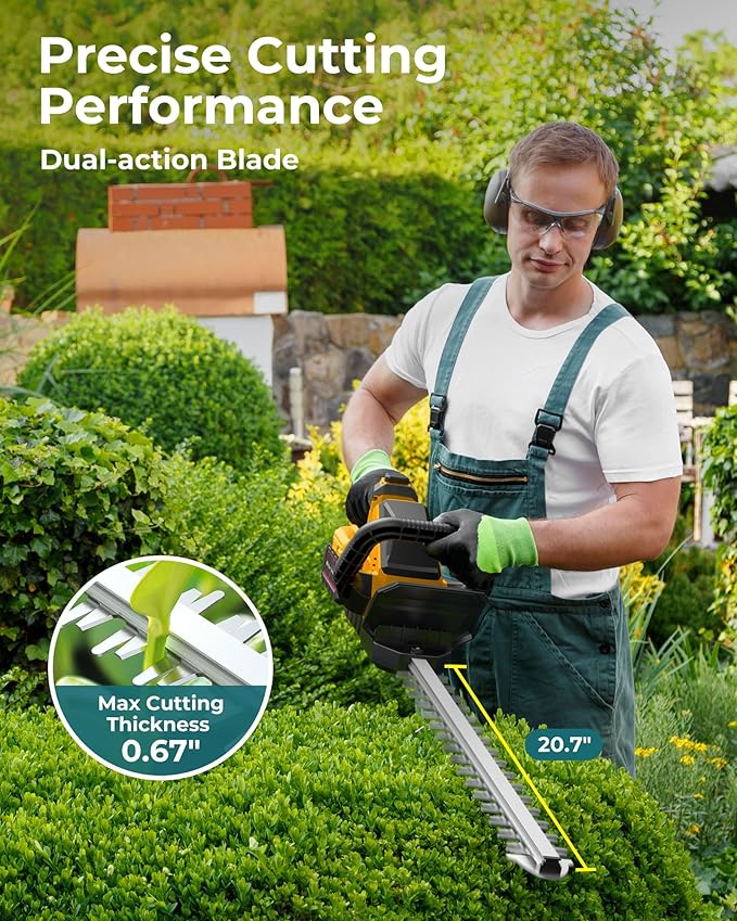 20'' Hedge Trimmer Cordless with 2pcs 4000mAh Battery, Electric Handheld Bush Clipper with Rechargeable Batteries, 3000RPM 180¡Æ Rotatable Head, 2/3'' Blade Gap, Yellow