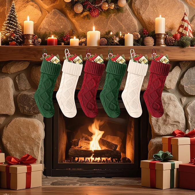 Christmas Stockings 18 Inches,Long Knitted Socks Christmas Decoration Hanging Stocking Fireplace Xmas Tree Stocking for Home Family（2red+2white+2green）