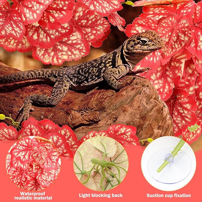 2 Pack Reptile Plants for Terrarium, Artificial Leaves Habitat Decorations with Suction Cups, Terrarium Hanging Plants Vines for Bearded Dragons Lizards Snake Geckos Frogs - Red