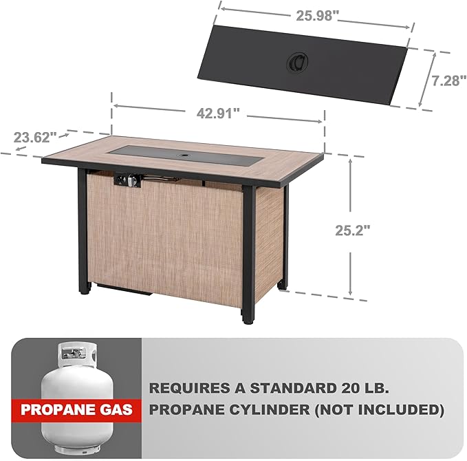 Nuu Garden 43 Propane Fire Pit Table, CSA-Listed Outdoor 50,000 BTU Gas with Lid and Glass Beads, 2-in-1 Rectangular for Outside Backyard Patio, Light Brown