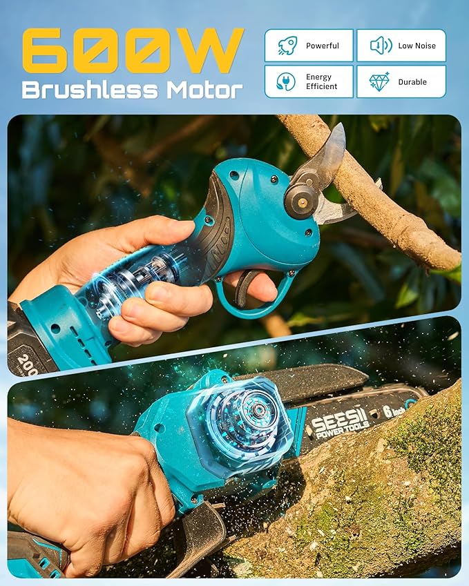 SEESII Mini Chainsaw & Electric Pruning Shears Combo, 6-inch Brushless Handheld Power Chain Saw, 1.2¡± Cutting Cordless Pruner for Tree Trimming, Tools Kit with 2x2000mAh Batteries, Fast Charger
