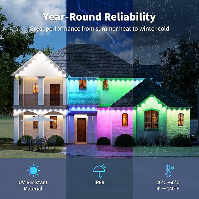 Permanent Outdoor Lights RGB Smart IC 100FT/50LEDs Decor IP68 Waterproof Music Sync Eaves Lights with Remote&APP Control Suitable for Holiday Decoration Christmas Garden Party Decor Deck