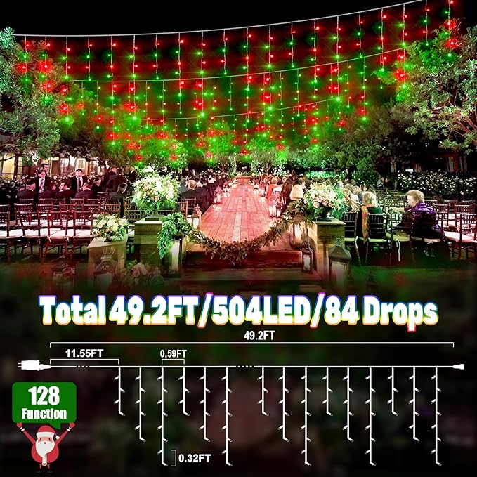 49FT 128 Functions Christmas Icicle Lights Outdoor with 504 LED 8 Modes and Timer Curtain Lights Outside for Garden Holiday Gatherings Indoor Outdoor Decorations