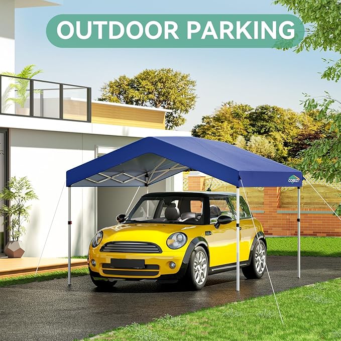 COBIZI 10x10 Pop Up Canopy with One Button Push Center Lock,Ez Up Portable Carport with 1 sidewall,Waterproof UV50+ Outdoor Party Commercial Carport Canopy Gazebos with Carry Bag(10 x 10 ft Dark Blue)