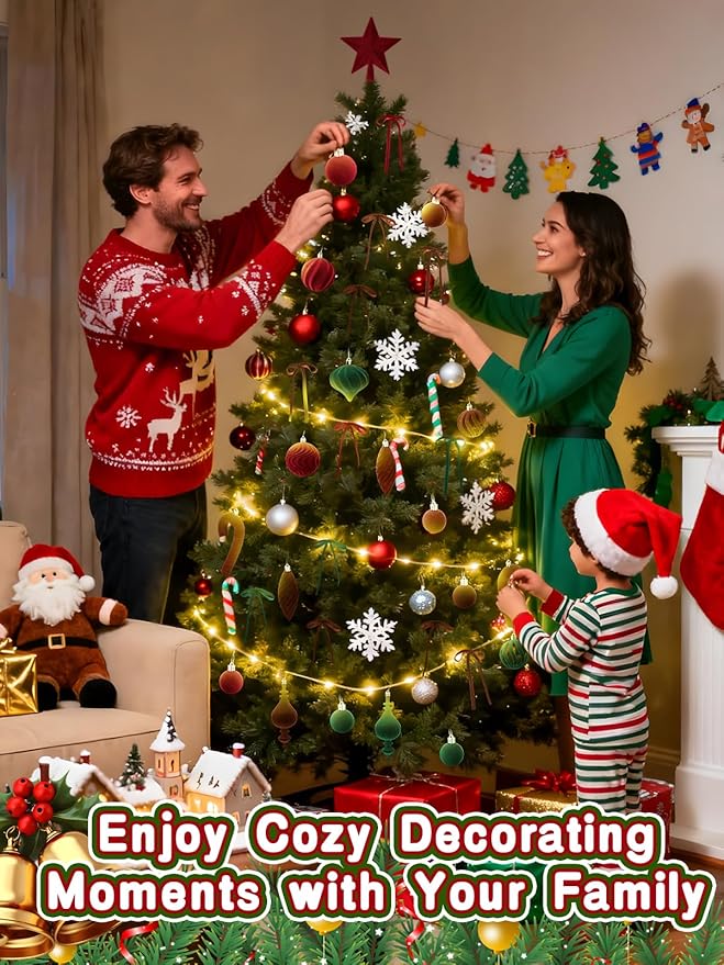 80Pcs Velvet Star Topper & Ornaments for Christmas Tree Decorations - 1 Topper Star, 2 Candy Canes, 27 Flocked Shatterproof Balls and 50 Bows (Multi-Color)