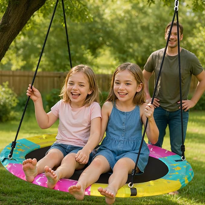 Tree Swing, 43'' / 48'' Saucer Swing for Kids and Adults, ASTM Approved Swing Sets with 900lbs Weight Capacity, Backyard Or Playground, Waterproof and UV-Resistant Mat, Adjustable Hanging Straps