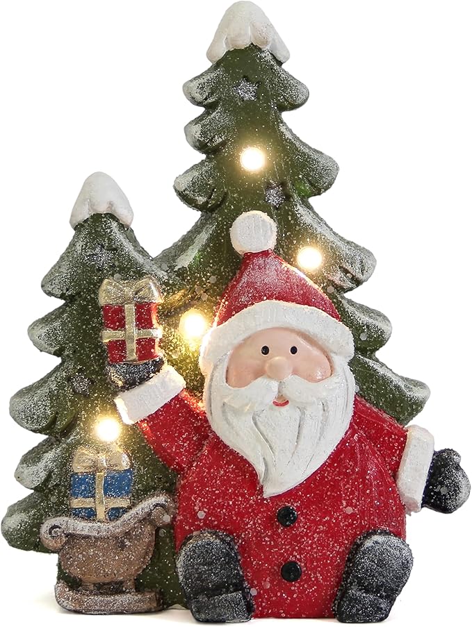 Santa Claus Statues Christmas Decorations Indoor -Christmas Santa Claus Tree Statue Figurines with Lights for Holiday Decor,Xmas Decorations for Table Fireplace Mantle,Winter Xmas Gifts with Timer