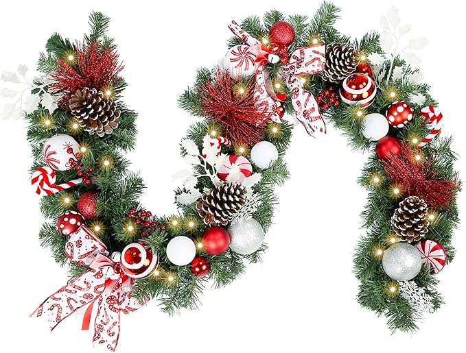 WBHome Pre-lit 6 Feet/72 Inch Decorated Christmas Garland, Red & White Lighted Garland with 35 LED Lights for Indoor Outdoor Xmas Decor Holiday Decorations, Battery Operated (Batteries NOT Included)