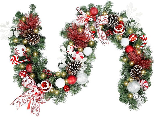 WBHome Pre-lit 6 Feet/72 Inch Decorated Christmas Garland, Red & White Lighted Garland with 35 LED Lights for Indoor Outdoor Xmas Decor Holiday Decorations, Battery Operated (Batteries NOT Included)