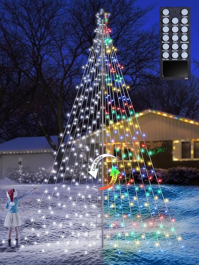 Flacchi 16 FT 664 LED Star String Lights Outdoor - Pole Set with Remote, Multiple Lighting Modes, Timer, and Waterproof Feature for Ultimate Holiday Decor (Cool White & Multicolor)