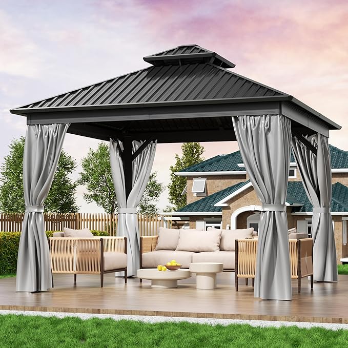 10x10 FT Gazebo Hardtop Gazebo, Aluminum Pergola with Double Galvanized Steel Roof, Curtains and Netting Included, Outdoor Gazebos Canopy for Patio, Backyard, Deck, Lawn,Grey