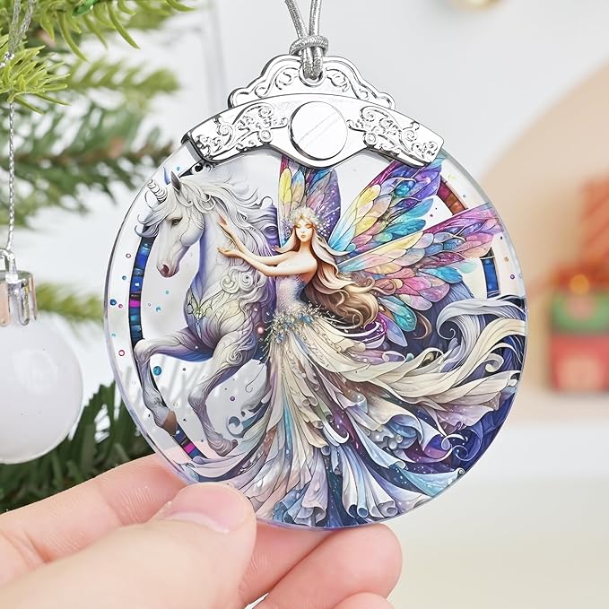 Unicorn and Fairy Stained Glass Christmas Tree Ornaments - Christmas Decoration, 2025 Holiday Decor & Gift Ideas