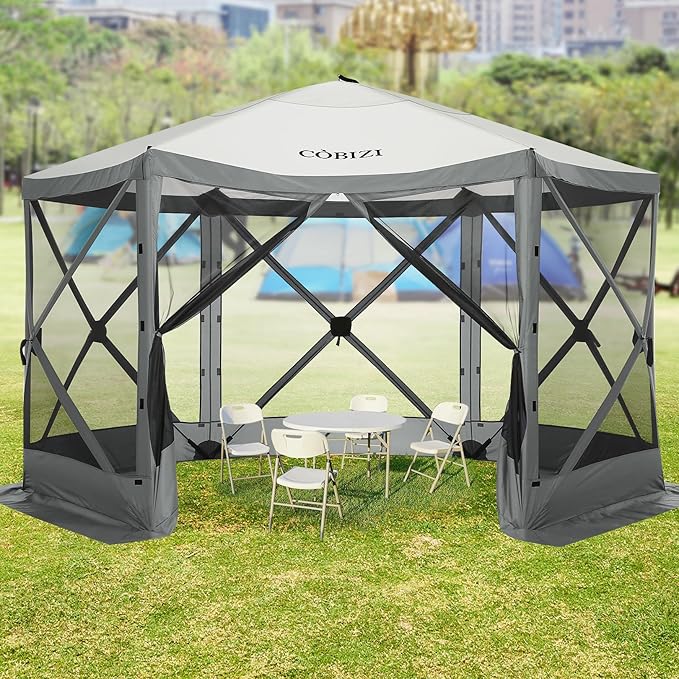 COBIZI 12x12ft Pop up Gazebo on Clearance Screen Canopy Tent for Camping, Camping Outdoor Screened Gazebo with Sidewalls, Portable Hub with Carrying Bag and Ground Stakes, Grey(Upgraded 2.0)