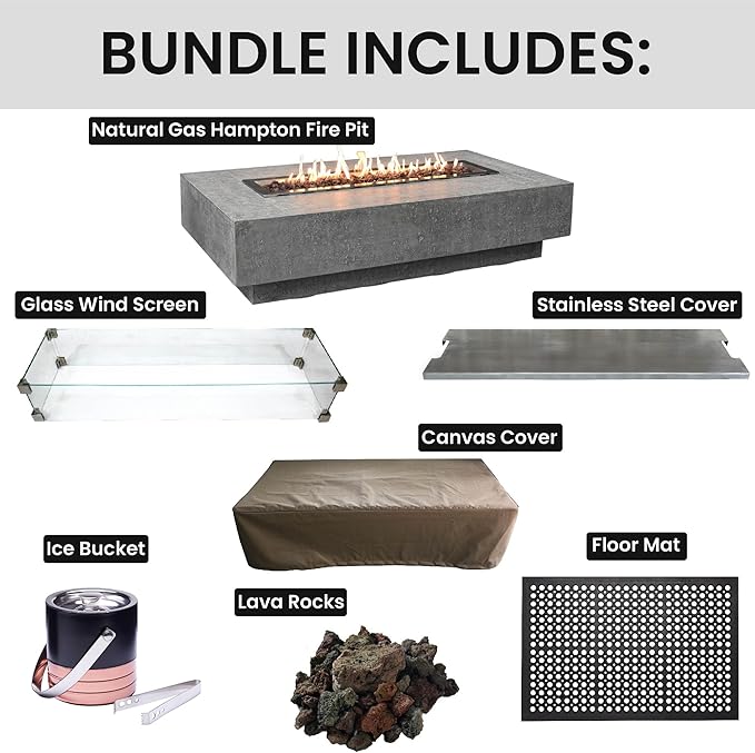 Elementi Hampton Fire Pit Bundle Outdoor Firepit Set Includes 56¡± Natural Gas Concrete Firepit Table, Glass Windscreen, Stainless Steel Cover, Canvas Cover, Floor Mat, Ice Bucket
