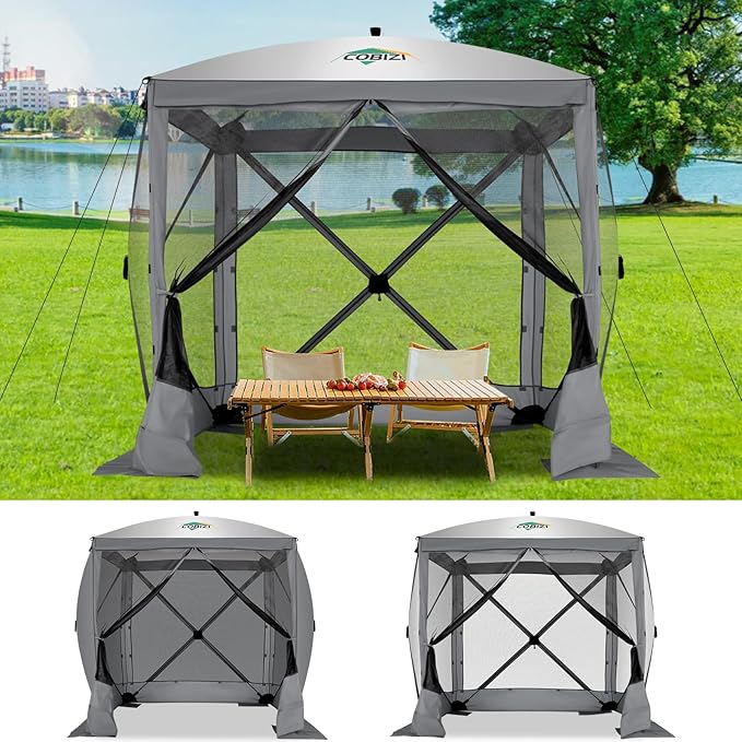 COBIZI 6x6 Pop up Gazebo Tent on Clearance, Ez up Waterproof Screen Tent Screen House with 3 sidewalls,Portable Outdoor Canopy with Carry Bag & Ground Stakes for Camping,Garden and Picnics, Grey