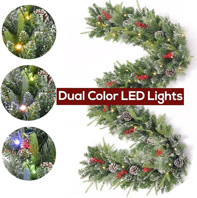 9FT Prelit Christmas Garland Decorations Snow with Dual Color LED Lights and Timer by Remote Control and Batteries Operated, Home Mantle Stairs Railing Fireplace Outdoor Indoor Wall