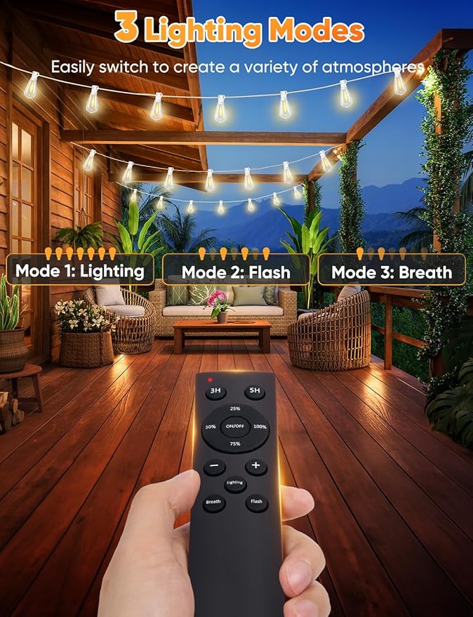Brightever Outdoor String Lights with Remote, 200FT LED Patio Lights with 62 ST38 LED Filament Bulbs, 3 Lighting Modes, 3H/5H Timer, Waterproof IP65 String Light for Outside, E12 Socket Base, White