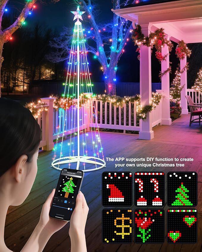 2 Pack Smart Christmas Cone Tree Light - 5FT 130 LED & 6FT 154 LED Artificial Tree with Star Topper, Music Sync, DIY RGB Light Show for Indoor/Outdoor Decorations