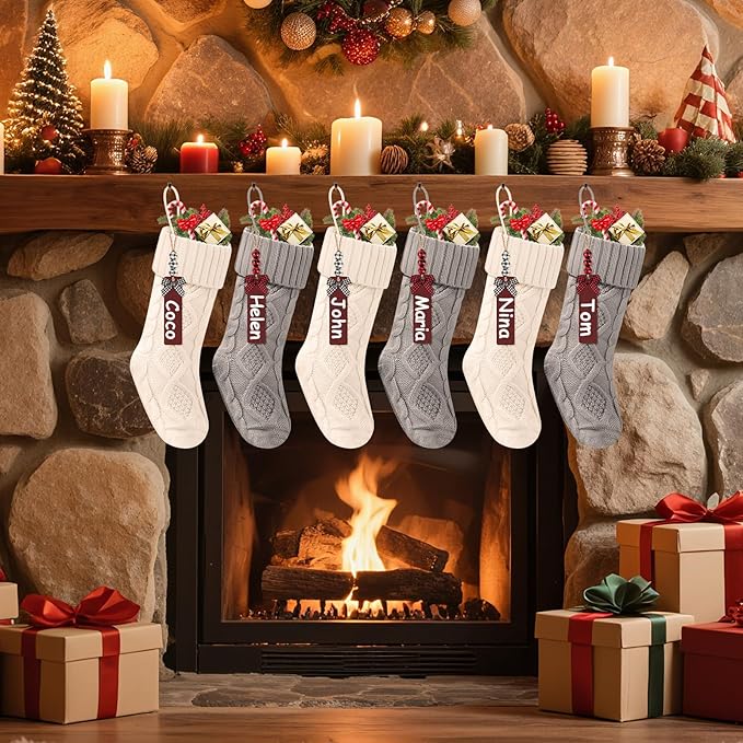 Christmas Stockings 18 Inches,Long Knitted Stocking with Name Tags, Christmas Decoration Hanging Stockings Fireplace Xmas Tree Ornaments for Home Family