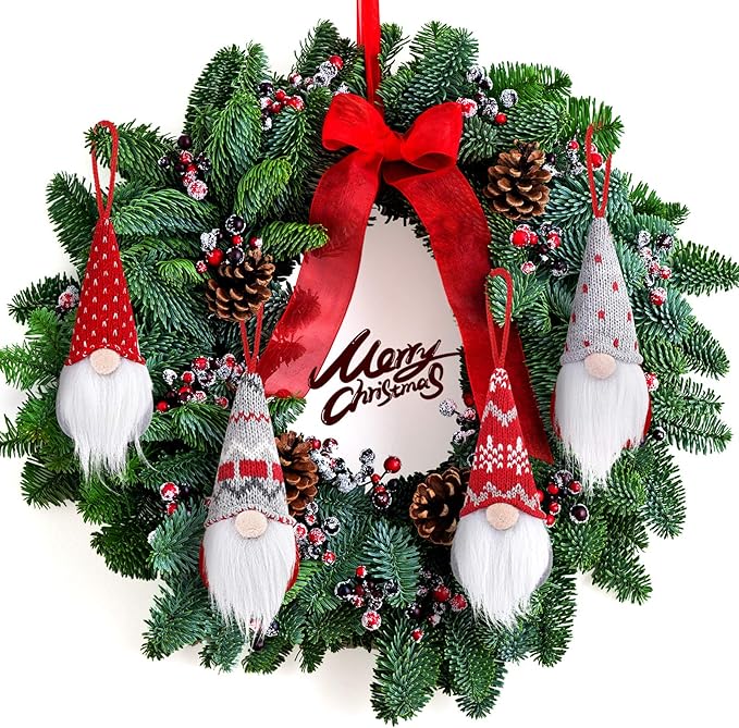 D-FantiX Gnome Christmas Ornaments Set of 4, Handmade Swedish Tomte Gnomes Plush Scandinavian Santa Elf Table Ornaments Christmas Tree Hanging Decoration Home Decor 2025