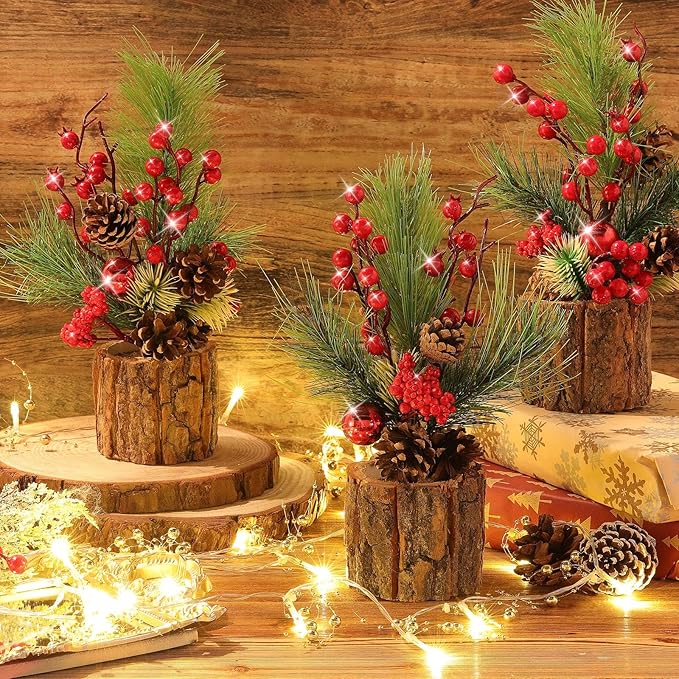 3 Pcs 11 Inch Christmas Tree Tabletop Artificial Mini Christmas Tree Decorations with Holiday Ornaments Pine Cone Berry Farmhouse for Fireplace Home Indoor Decor (Classic)
