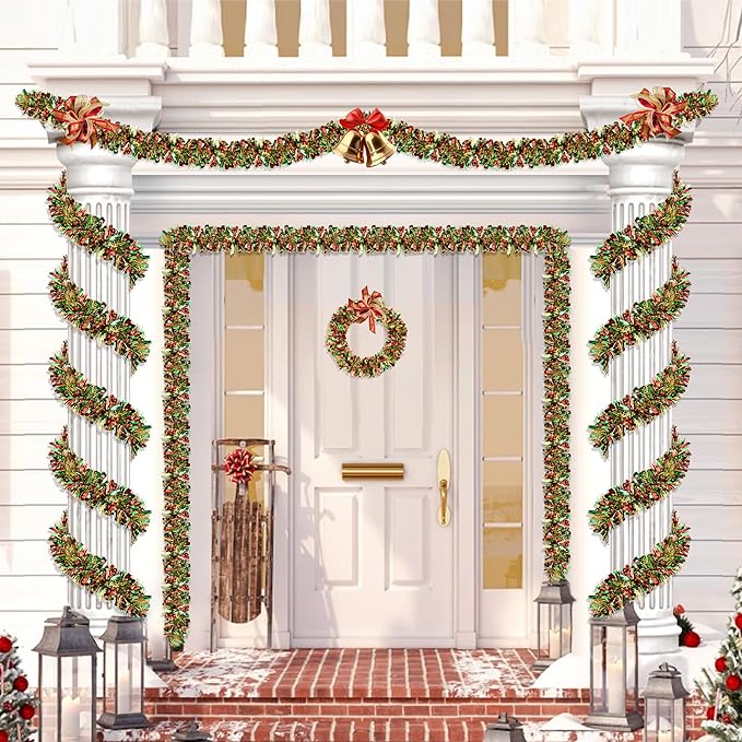 50FT Red Green Gold Christmas Tinsel Metallic Twist Shiny Garland for Christmas Tree Decorations, Xmas Holiday Hanging for Home Mantle Stair Indoor Outdoor Party Supplies Decor