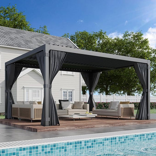 EROMMY Louvered Pergola 10' x 12', Outdoor Aluminum Pergola with Adjustable Rainproof Roof for Garden, Patio, Deck, Waterproof Curtains and Netting Included, Gray-Black