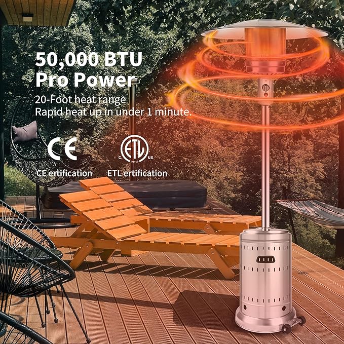 MAJARO 50,000 BTU Outdoor Propane Patio Heater with Wheels ? All-Stainless Steel Gas Heater, Weighted Base, Easy Ignition & Safety Tilt Shut-Off for Patio, Backyard, Garden & Commercial Use
