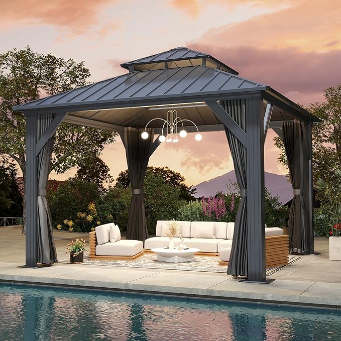 12'x12' Hardtop Gazebo, Outdoor Double Roof Galvanized Steel Gazebo, Aluminum Frame Permanent Pavilion with Curtains & Netting for Backyard, Patio, Deck (12x12)