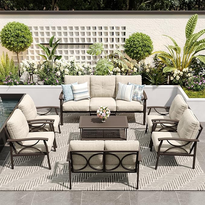 7-Pieces Outdoor Patio Furniture Set, Outdoor Metal Sectional Furniture with Cushions, Outdoor Conversation Seating Set with Coffee Table for Garden, Balcony, Deck, Backyard, Khaki