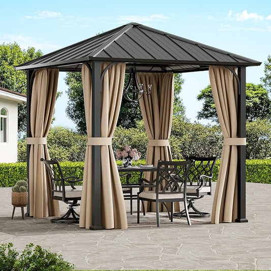 Modern Shade 8'x8' Hardtop Gazebo with Galvanized Steel Roof & Detachable Curtains, Permanent Metal Gazebo Outdoor Pavilion for Backyard, Deck, Garden - All-Weather Patio Cover