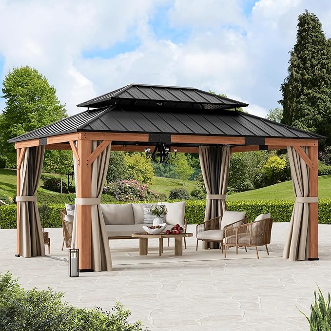Modern Shade Rosewood Wood Gazebo 12' x 16', Cedar Framed Grill Gazebo with Double Galvanized Steel Roof, Mosquito Netting and Curtains, Permanent Hardtop with Sturdy Hooks for Garden, Backyard, Patio