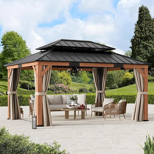 Modern Shade Rosewood Wood Gazebo 12' x 16', Cedar Framed Grill Gazebo with Double Galvanized Steel Roof, Mosquito Netting and Curtains, Permanent Hardtop with Sturdy Hooks for Garden, Backyard, Patio