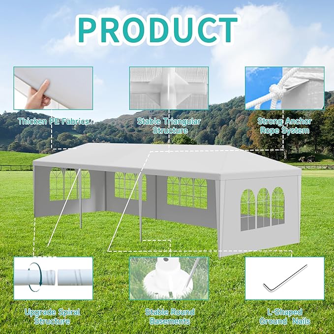 10' x 30' Outdoor Canopy Tents with 5 Detachable Sidewalls, White Patio Gazebo Tent, Shade Tents with Transparent Windows, Ideal for Party, Wedding, Birthday, Events, Gatherings, BBQ