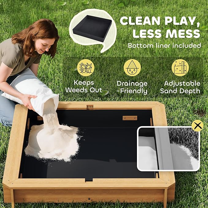Outsunny Wooden Sandbox with Lid, Kids Sandbox with Canopy Outdoor, Sand Box with Foldable Bench Seats and Sand Protection, Bottom Liner Included, Kids Gift for Aged 3-7, 47X47 in, Brown