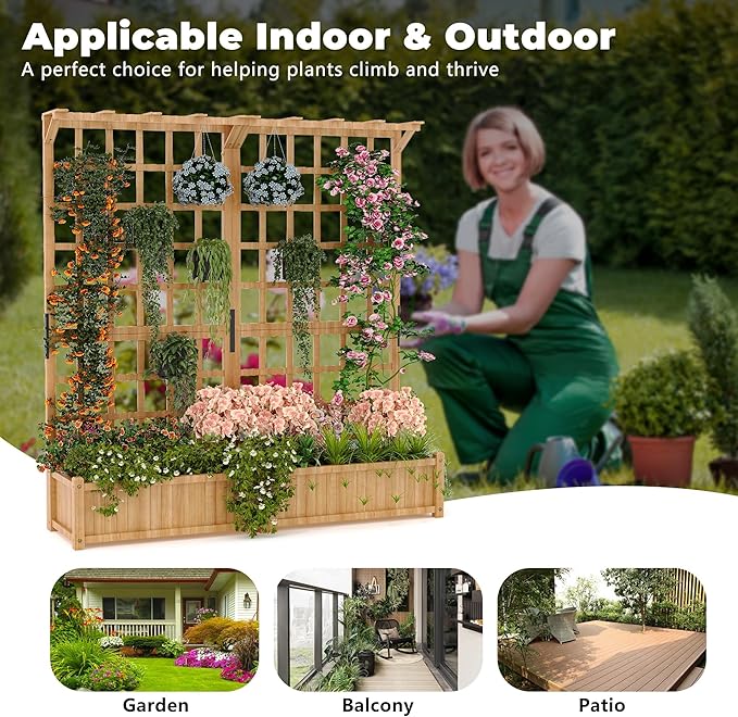 2 Tiers Wood Planter Box & Trellis, 44.4'' x 16.2'' x 63'' Outdoor Elevated Bed, Wooden Garden Bedding Hanging Roof with Climbing Trellis for Garden, Balcony, Yard, Patio (8 single Drainage Holes)