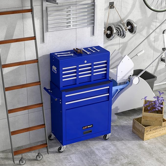 High Capacity Rolling Tool Chest with Wheels and 8 Drawers,Metal Storage Tool Cabinet W/Mobile Case,Pull Handle,4 Hooks,for Workshop Mechanics Garage,Blue