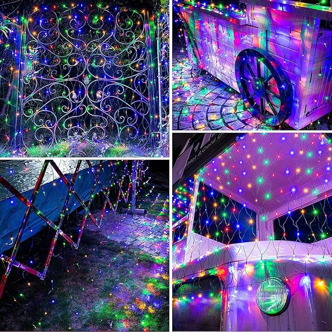 Joomer Christmas Net Lights - 12FT x 5FT 360 LED Plug-in Mesh Lights, Waterproof with 8 Modes, Timer, Connectable for Bushes, Trees, Garden, Outdoor Christmas Decor (Green Wire, Multicolor)