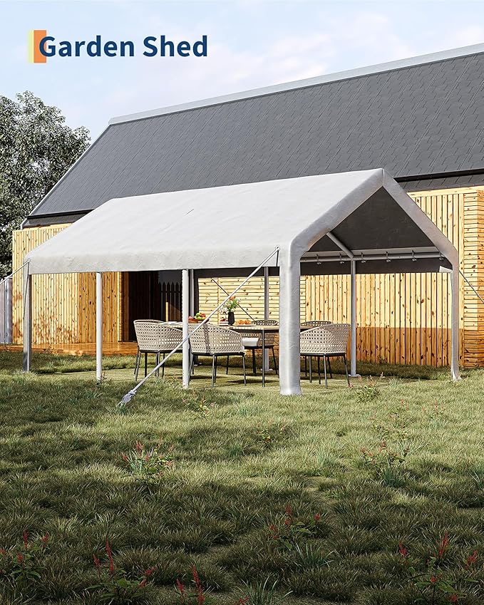GarveeLife 13x20 ft Carport with 8 Sandbags, Car Port with 220 g PE Tarp, 2 Roll-Up Doors, and 4 Windows, for Full-Size Pickups, Bass Boats, Tractors, and SUVs, White
