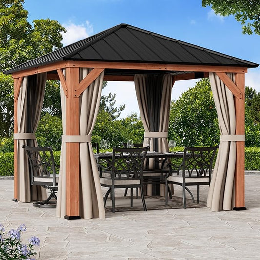 Modern Shade Tranquil Grove Wood Gazebo 10' x 10', Grill Gazebo with Galvanized Steel Roof, Mosquito Netting and Curtains, Permanent Hardtop Pavilion with Sturdy Hooks for Garden, Backyard