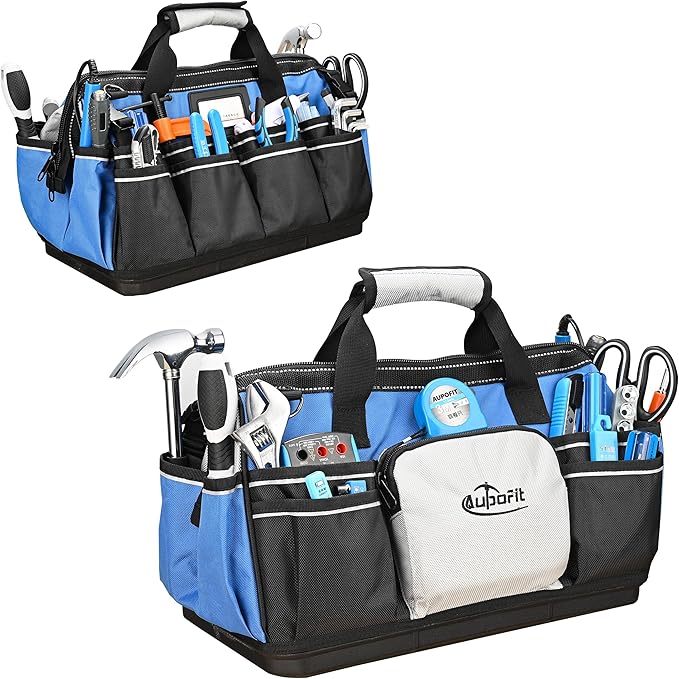 16 Inch Wide Mouth Heavy Duty Tool Bag, 21 Pockets and Waterproof Plastics Base Construction Electrician Tote Tool Organizer Bag with Shoulder Strap and Zipper Pocket, Padded Handle, Blue