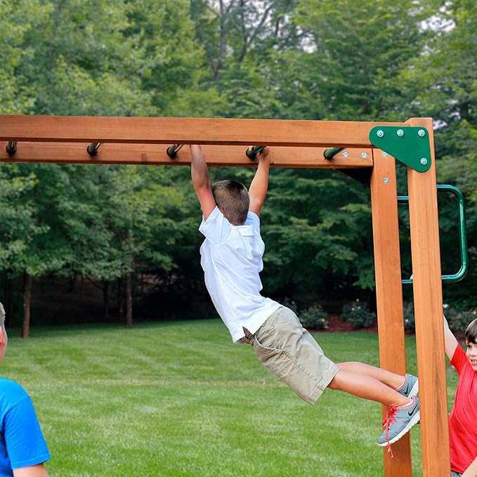 Gorilla Playsets 01-0020-AP-1 Navigator Wooden Swing Set with Deluxe Green Vinyl Canopy, Monkey Bars, Swings, and Slide, Brown