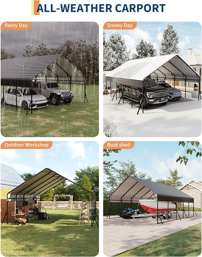 20'x25' Metal Carport, Heavy Duty Car Ports Kit for Trucks, Boats, RV, Tractor, Reinforced Frame with Anchors, Easy Assembly