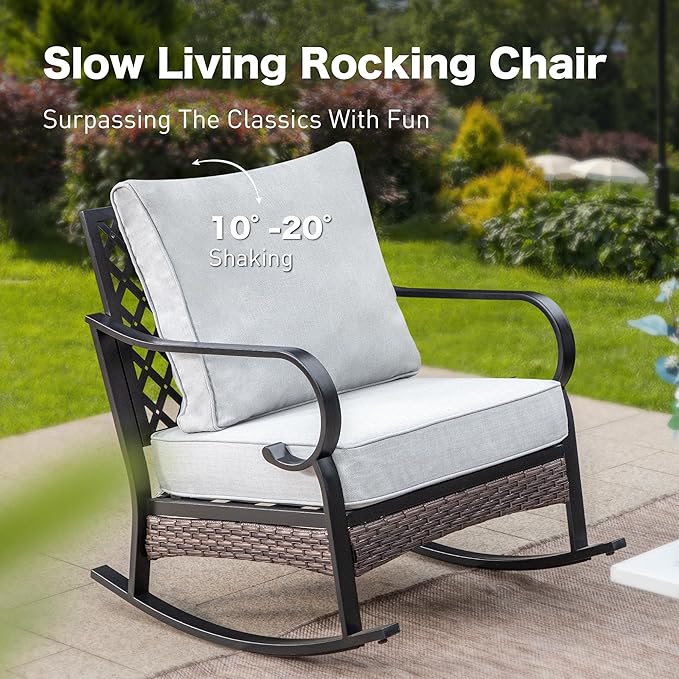 4 Piece Metal Outdoor Patio Furniture Sets with Firepit Table, Patio Conversation Sets 1 2-Seater Sofa, 2 Rocking Sofa with 5.75" Cushion Black Backyard Furniture for Deck, Light Gray