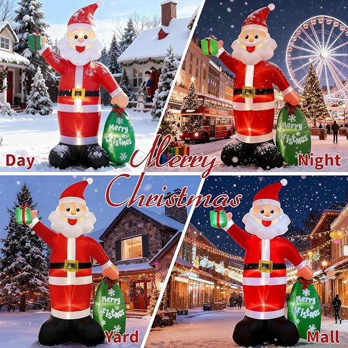 12FT Giant Christmas Inflatable Santa Claus with LED Lights and Gift Bag, Outdoor Blow Up Decorations for Yard, Indoor Holiday Party, Built-in Lights, Weatherproof, Includes Stakes & Sandbags